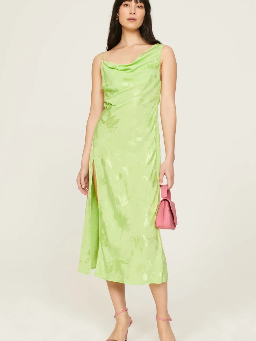 For Love & Lemons Lime Green Cowl Slip Midi Dress